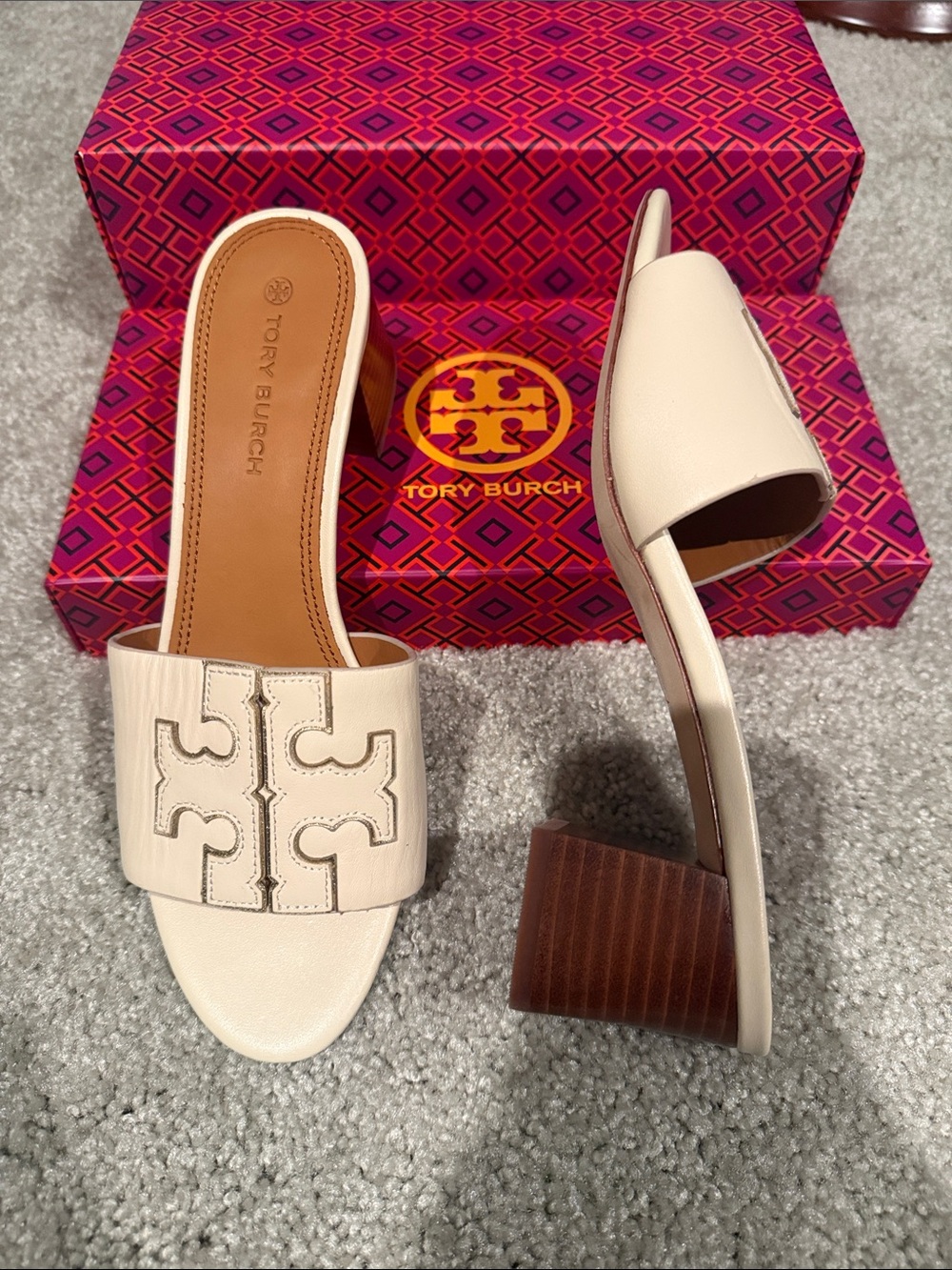 Tory Burch Cream Leather Block Heel Slide Mule